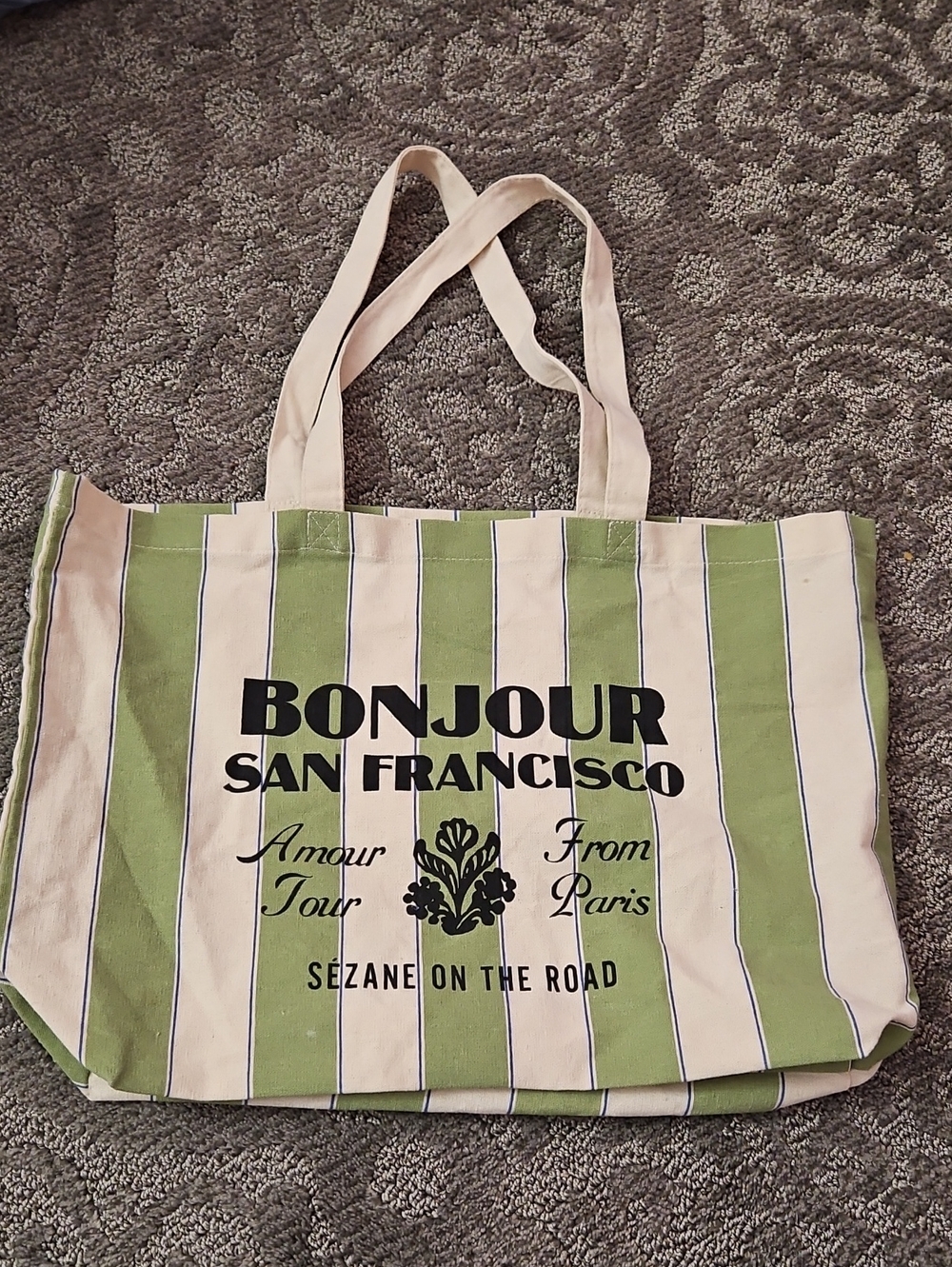 Sezane Bonjour San Francisco Shopping Tote Bag Cream Green Stripe Top Handle